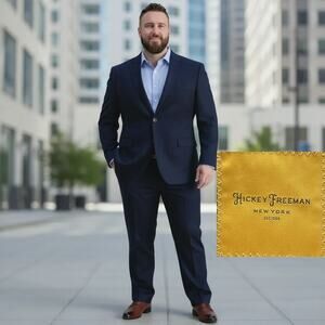 Hickey Freeman Suit Mens 50 R Navy Blue The Traveler 2pc Pants 46x30 Modern USA